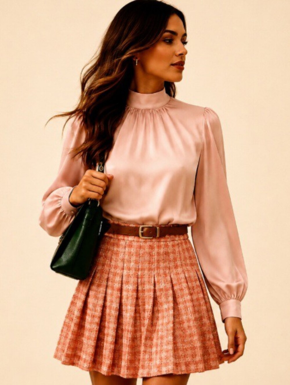 ZARA🐞Y2K Tweed Plaid Orange Cream Pleated Mini High Waist Skirt Sz:S